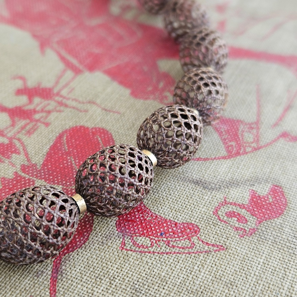 Antique Victorian Hand Woven Human Hair Mourning Bead Necklace Brown Gold Tone